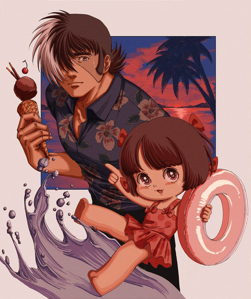 1boy 1girl adam's_apple barefoot black_hair black_jack_(character) black_jack_(series) border bow brown_eyes brown_hair cherry closed_mouth food fruit grey_border hair_over_one_eye hawaiian_shirt highres holding holding_ice_cream_cone holding_innertube ice_cream ice_cream_cone index_finger_raised innertube multicolored_hair oldkin one-piece_swimsuit open_mouth palm_tree pink_bow pink_one-piece_swimsuit pinoko pocky polka_dot polka_dot_swimsuit shirt short_hair single_scoop split-color_hair star_(symbol) star_in_eye sunset sweatdrop swimsuit symbol_in_eye tree waffle_cone white_hair
