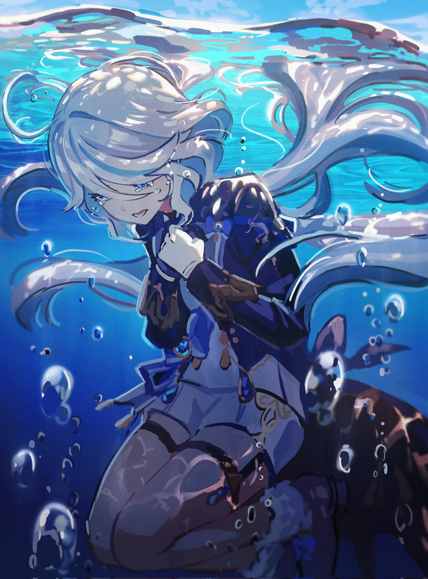 1girl ahoge air_bubble asymmetrical_gloves black_gloves blue_gemstone blue_hair blue_jacket bubble clutching_chest crying crying_with_eyes_open floating_hair full_body furina_(genshin_impact) gem genshin_impact gloves hair_between_eyes hajikkoneko highres jacket long_hair long_sleeves mismatched_gloves multicolored_hair no_headwear open_mouth partially_underwater_shot shoes short_shorts shorts solo streaked_hair submerged tears teeth very_long_hair water white_gloves white_hair white_shorts