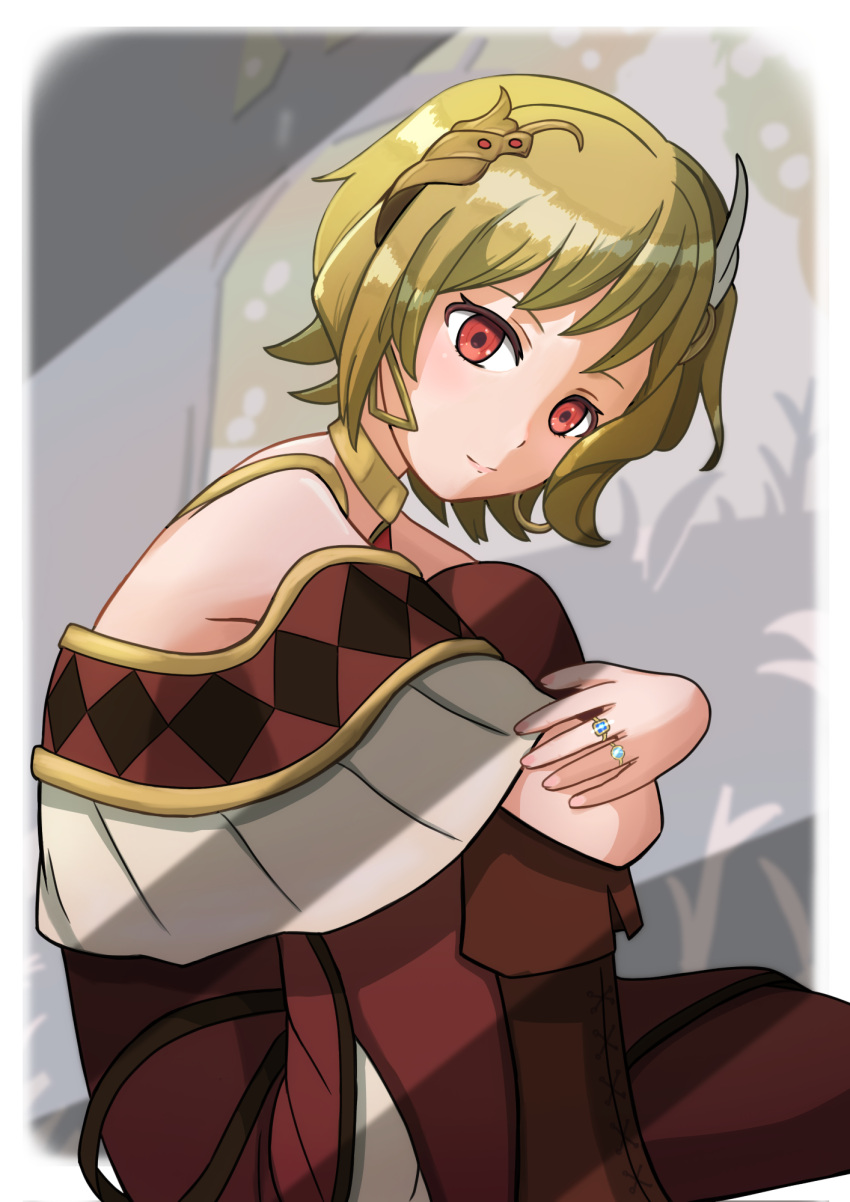 1girl blonde_hair book brown_dress citrinne_(fire_emblem) dolphins3ino dress earrings feather_hair_ornament feathers fire_emblem fire_emblem_engage gold_choker gold_trim hair_ornament hairclip highres holding holding_book hoop_earrings jewelry leather_wrist_straps mismatched_earrings red_eyes ring wing_hair_ornament