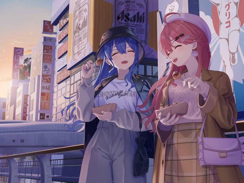 2girls absurdres ahoge asahi_breweries asakura_(asa_t77) bag bird black_headwear blue_hair blue_nails blue_sky breasts brown_coat brown_skirt bucket_hat building character_name closed_eyes clouds coat commentary_request cowboy_shot doutonbori earrings food glico glico_man gradient_sky grey_pants hair_ornament handbag hat highres holding holding_food hololive hoshimachi_suisei jacket jacket_on_shoulders jewelry large_breasts leather leather_jacket long_hair looking_at_viewer multiple_girls open_mouth orange_sky osaka_(city) outdoors pants pink_hair pink_nails pink_sweater plaid plaid_skirt railing real_world_location ribbed_sweater sakura_miko shirt sidelocks sign skirt sky small_breasts sunset sweater swept_bangs takoyaki teeth upper_teeth_only virtual_youtuber white_shirt