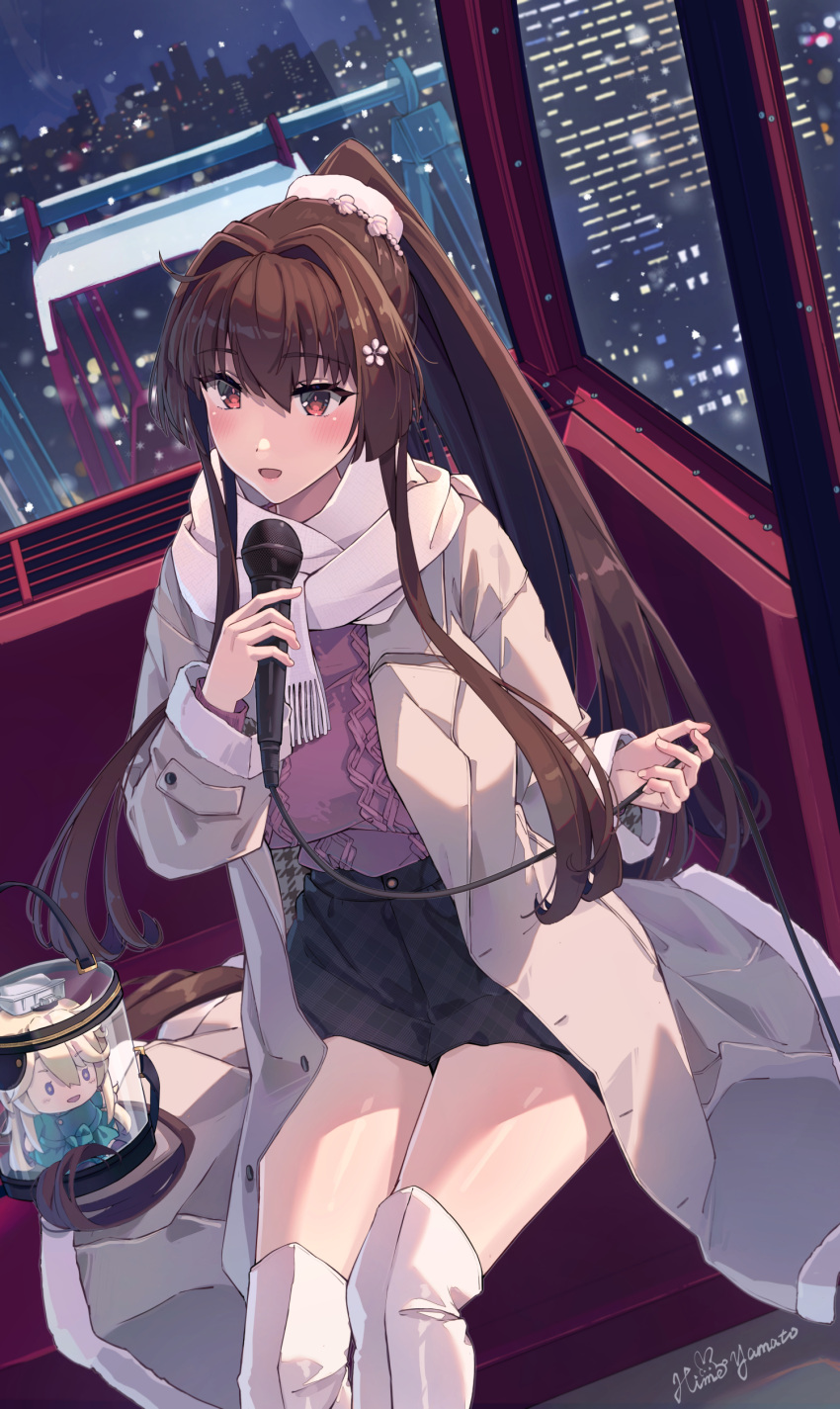 1girl absurdres alternate_costume black_skirt boots breasts brown_hair cherry_blossoms coat flower grey_coat hair_flower hair_intakes hair_ornament highres himeyamato holding holding_microphone kantai_collection large_breasts long_coat long_hair long_sleeves microphone miniskirt pink_scarf ponytail purple_sweater red_eyes scarf sidelocks sitting skirt sweater thigh_boots very_long_hair white_footwear yamato_(kancolle)