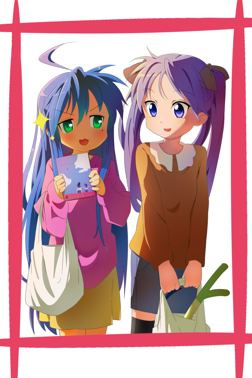 2girls :3 :d absurdres ahoge bag black_bow blue_hair blush book bow casual chinese_commentary commentary cowboy_shot friends green_eyes hair_between_eyes hair_bow highres hiiragi_kagami holding holding_bag holding_book izumi_konata long_hair looking_at_another lucky_star mogege_gk mole mole_under_eye multiple_girls open_mouth orange_shirt parted_bangs pink_sweater shirt shopping_bag side-by-side sidelocks simple_background smile smug sparkle standing sweater twintails v-shaped_eyebrows very_long_hair violet_eyes white_background