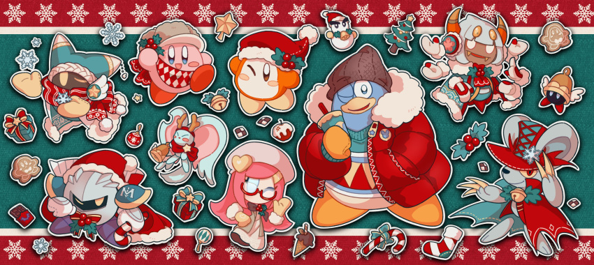 1girl 1other 6+boys absurdres antlers beanie bell blank_eyes blue_eyes box brown_headwear candy candy_cane cape chilly_(kirby) chocolate christmas christmas_stocking christmas_tree claws closed_eyes coat cookie daroach deer_antlers disembodied_limb earmuffs elfilin fangs food gbff_baiyu gift gift_box gingerbread_man glasses happy hat highres horns ice_cream jingle_bell king_dedede kirby kirby's_return_to_dream_land kirby:_planet_robobot kirby:_triple_deluxe kirby_(series) kirby_and_the_forgotten_land long_hair looking_at_viewer magolor mask meta_knight multiple_hands no_humans no_mouth no_nose one_eye_closed open_mouth pink_hair red_cape red_coat red_headwear red_scarf ringle santa_hat scarf short_hair simple_background snowflakes standing susie_(kirby) sweater taranza top_hat waddle_dee waving winter_clothes winter_coat yellow_eyes