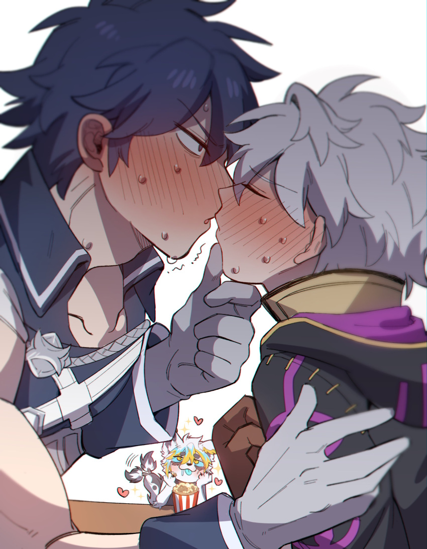 1other 2boys absurdres artist_self-insert black_claws blush chrom_(fire_emblem) claws closed_eyes english_commentary fire_emblem fire_emblem_awakening food furry half-closed_eye hand_on_another's_chin hand_on_another's_shoulder happy_aura head_on_hand heart highres imminent_kiss kiss koge_(natsub_bkoge) male_focus multiple_boys original popcorn robin_(fire_emblem) robin_(male)_(fire_emblem) sparkle sweatdrop tail tail_wagging tongue tongue_out watching white_background yaoi