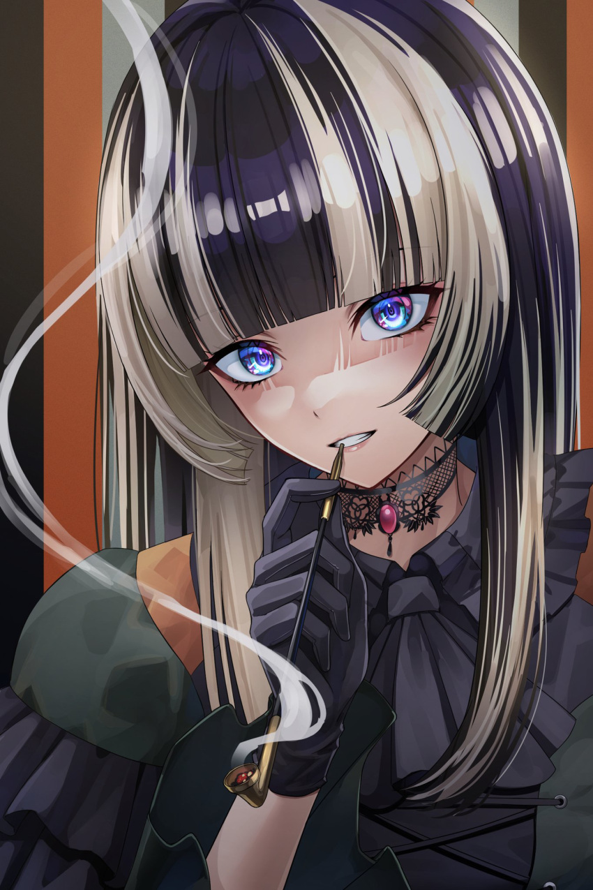 1girl black_choker black_dress black_gloves black_hair blue_eyes blunt_bangs choker dress gloves gothic_lolita grey_hair highres holding holding_smoking_pipe hololive hololive_dev_is juufuutei_raden kz6cz lace-trimmed_choker lace_trim lolita_fashion long_hair looking_at_viewer multicolored_hair sidelocks smile smoking_pipe solo streaked_hair virtual_youtuber