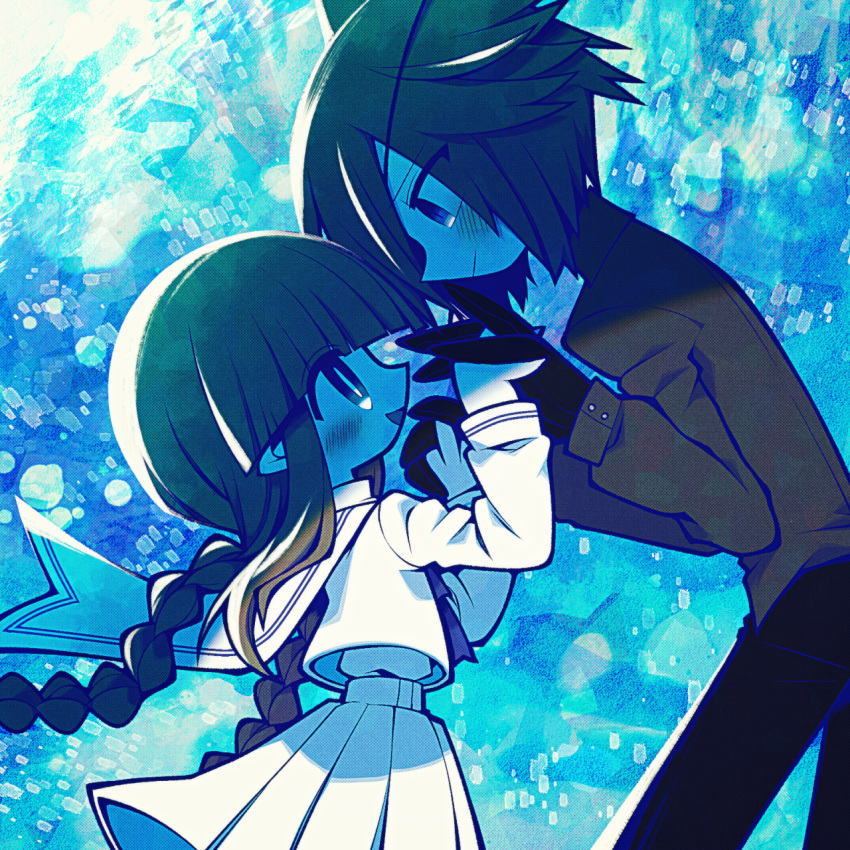 1girl black_gloves blue_background blue_eyes blue_ribbon braid bright_pupils brown_hair closed_mouth colored_skin couple from_side funamusea funamusea_(artist) gloves grey_hair happy height_difference highres interlocked_fingers looking_at_another official_art oounabara_to_wadanohara open_mouth pants pointy_ears ribbon sailor_collar sailor_shirt samekichi_(wadanohara) shirt skirt suit wadanohara white_sailor_collar white_shirt white_skin white_skirt