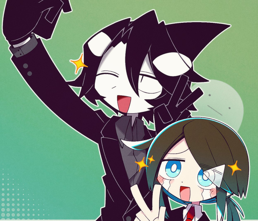 1boy 1girl ambiguous_gender androgynous black_eyes black_gloves black_hair black_suit blue_eyes blush cellphone colored_skin commission crossover crying crying_with_eyes_open fins funamusea_(artist) ghost gloves green_background holding holding_phone indie_virtual_youtuber mizukichy mole mole_under_eye multicolored_hair necktie official_art one_eye_closed oounabara_to_wadanohara open_mouth orca_boy outline phone ponytail red_necktie selfie short_hair skeb_commission smartphone sparkle suit tears two-tone_hair v white_hair white_outline white_skin