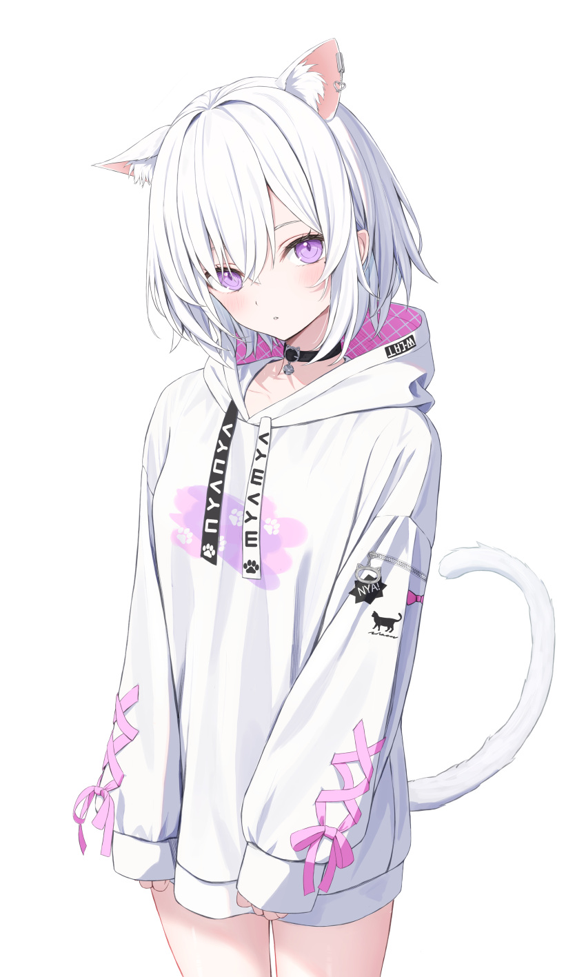 1girl absurdres animal_ear_fluff animal_ears bell cat_ears cat_girl cat_tail collar expressionless extra_ears highres hood hood_down hoodie long_sleeves looking_at_viewer neck_bell no_pants norio_(noriosub) original simple_background sleeves_past_wrists tail violet_eyes white_background white_hair white_hoodie