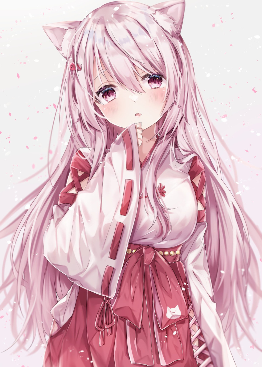 1girl animal_ear_fluff animal_ears blush breasts cat_ears cat_girl cherry_blossoms fang gradient_background grey_background hair_between_eyes hair_ornament hakama hakama_skirt hand_on_own_face highres japanese_clothes kimono large_breasts long_hair looking_at_viewer miko nijisanji open_mouth pink_eyes pink_hair red_skirt ribbon-trimmed_sleeves ribbon_trim shiina_yuika shiina_yuika_(3rd_costume) side_slit skin_fang skirt slit_pupils solo sorashima_(117) upper_body virtual_youtuber white_kimono wide_sleeves