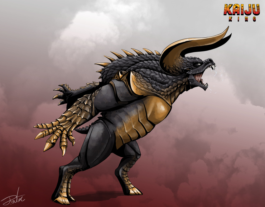 absurdres artist_name claws commentary copyright_request curled_horns full_body giant giant_monster gugenheim98 highres hooves horns kaijuu monster monster_focus no_humans nostrils open_mouth pulgasari redesign roaring saliva scales sharp_teeth short_tail simple_background solo spikes tail teeth yellow_scales