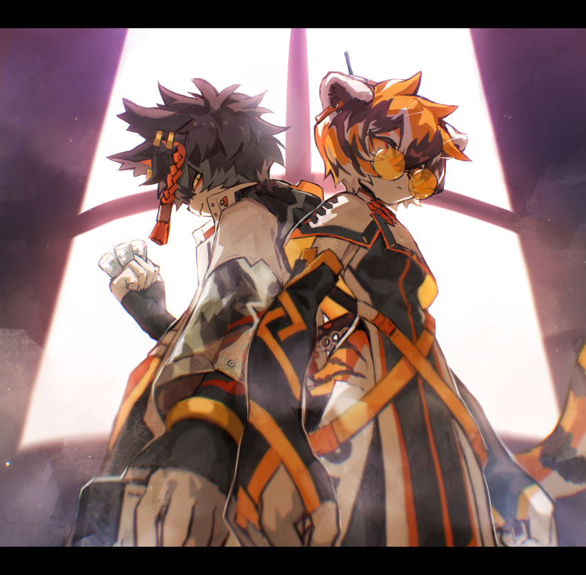1boy 1girl aak_(arknights) absurdres animal_ears arknights back-to-back braid clenched_hands colored_sclera ear_piercing earrings from_below furry furry_female furry_male gun highres holding holding_gun holding_vial holding_weapon jewelry looking_at_viewer piercing round_eyewear tail tiger_ears tiger_girl tiger_stripes tiger_tail waai_fu_(arknights) weapon window xiao_(creation0528) yellow_sclera