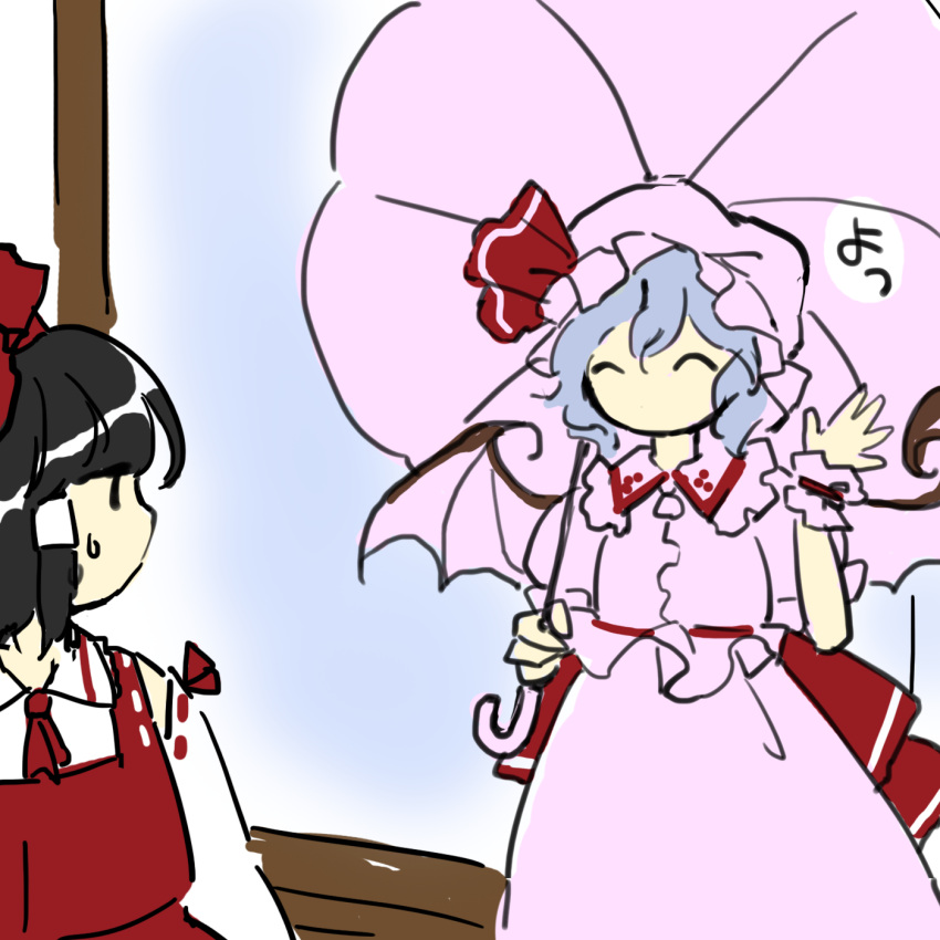 2girls ^_^ black_hair blue_hair closed_eyes commentary_request detached_sleeves flat_chest frilled_shirt frilled_shirt_collar frilled_sleeves frills hair_tubes hakurei_reimu hat hat_ribbon highres holding holding_umbrella kaigen_1025 mob_cap multiple_girls neck_ribbon no_mouth no_nose parasol pink_headwear pink_shirt pink_skirt pink_umbrella pink_wrist_cuffs red_ribbon red_skirt red_vest remilia_scarlet ribbon ribbon-trimmed_sleeves ribbon_trim shirt short_hair sketch skirt sweat touhou translated umbrella vest waving white_shirt wings wrist_cuffs