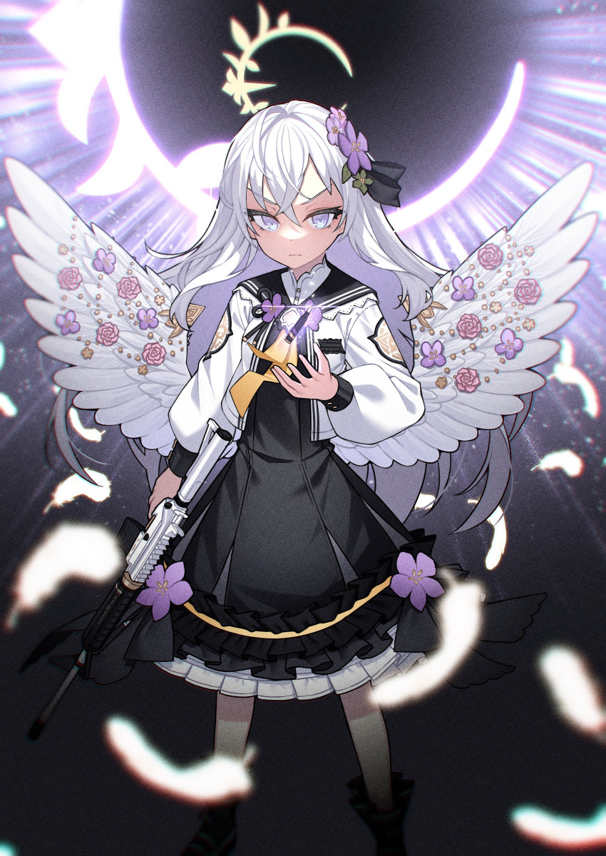 1girl absurdres angel_wings assault_rifle azusa_(blue_archive) black_dress black_sailor_collar blue_archive crescent_halo crossed_bangs dress feathered_wings flower frilled_skirt frills gun hair_flower hair_ornament halo highres jacket long_hair long_sleeves looking_at_viewer low_wings m4_carbine puffy_long_sleeves puffy_sleeves rifle sailor_collar serious skirt solo tyobis. violet_eyes weapon white_hair white_jacket white_wings wings yellow_halo