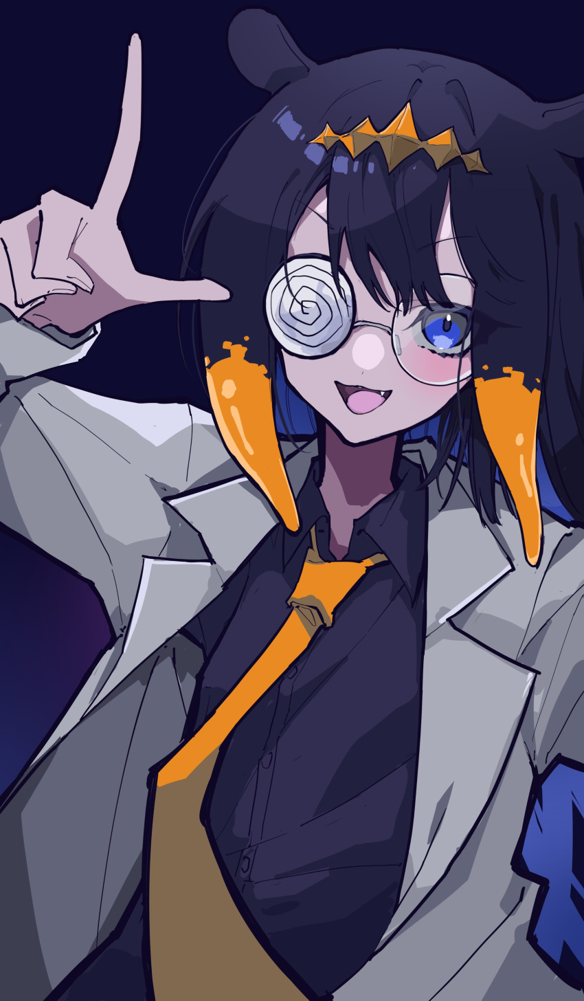 1girl absurdres alternate_costume black_hair black_shirt blue_eyes blush coat coke-bottle_glasses collared_shirt commentary dark_background dress_shirt fang glasses highres hololive hololive_english lab_coat lapels long_hair looking_at_viewer mentally_deficient multicolored_hair necktie ninomae_ina'nis notched_lapels open_mouth orange_hair pointing round_eyewear shirt simple_background solo tentacle_hair two-tone_hair upper_body virtual_youtuber white_coat wing_collar yellow_necktie