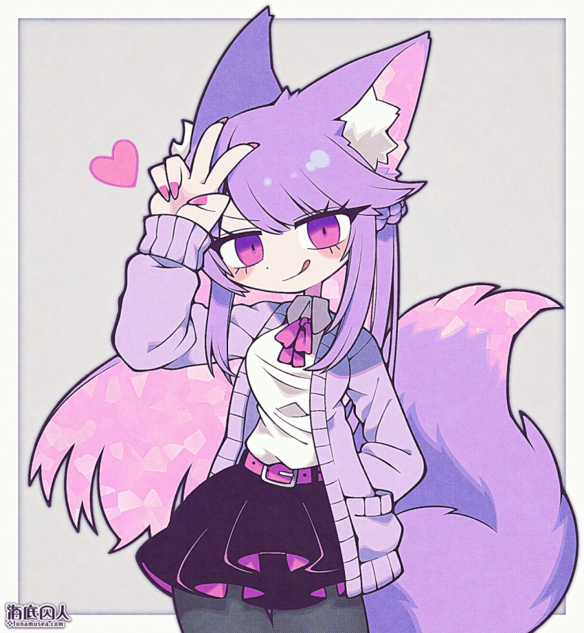 1girl :p animal_ears artist_name belt black_skirt blush breasts byuyu colored_skin commission fox_ears fox_girl fox_tail funamusea_(artist) hand_on_own_forehead heart highres indie_virtual_youtuber jacket medium_breasts nail_polish neck_ribbon pink_belt pink_nails pink_ribbon purple_hair purple_jacket purple_tail ribbon second-party_source shirt skeb_commission skirt solo tail tongue tongue_out v violet_eyes white_background white_shirt white_skin