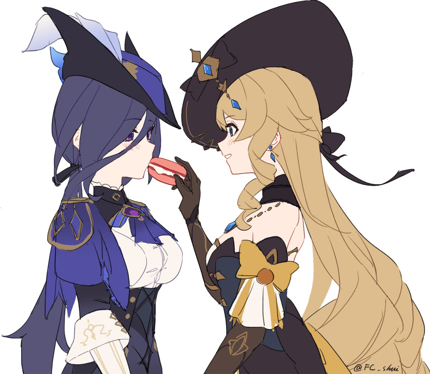 2girls ascot black_corset black_headwear blonde_hair blue_cape blue_eyes blue_hair blue_headwear breasts cape clorinde_(genshin_impact) corset dangle_earrings dark_blue_hair dress drill_hair drill_sidelocks earrings epaulettes feeding fold-over_gloves food genshin_impact gloves gold_trim_bow hat hat_feather hetare_mizu highres jewelry large_breasts looking_at_another low_ponytail macaron multiple_girls navia_(genshin_impact) purple_ascot shirt sidelocks smile strapless strapless_dress taut_clothes taut_shirt tricorne upper_body violet_eyes vision_(genshin_impact) white_background yuri