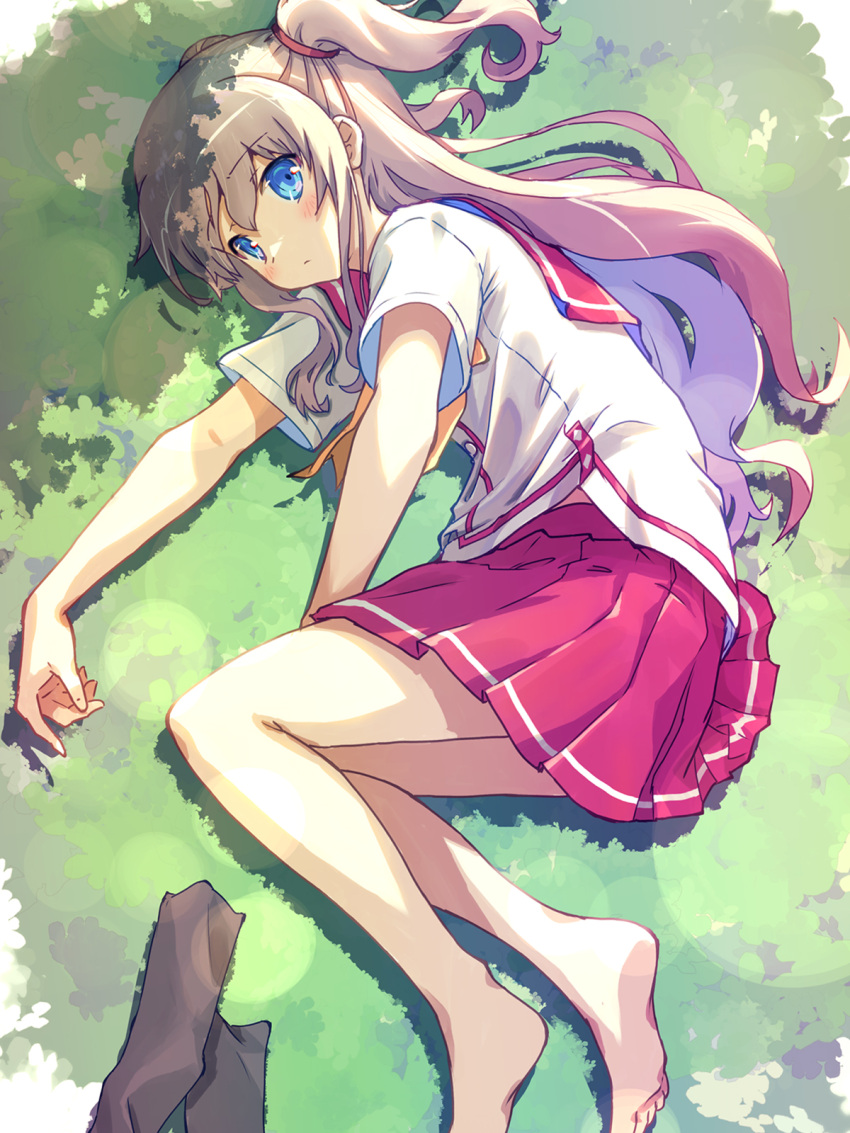 1girl akayama_yukihe barefoot blue_eyes blush charlotte_(anime) closed_mouth commentary dappled_sunlight day feet foot_out_of_frame from_above grey_hair hair_between_eyes highres hoshinoumi_academy_school_uniform light_frown long_hair looking_at_viewer lying miniskirt on_grass on_side outdoors pleated_skirt red_sailor_collar red_skirt sailor_collar school_uniform serafuku shirt short_sleeves skirt soles solo summer_uniform sunlight tomori_nao two_side_up very_long_hair wavy_hair white_shirt