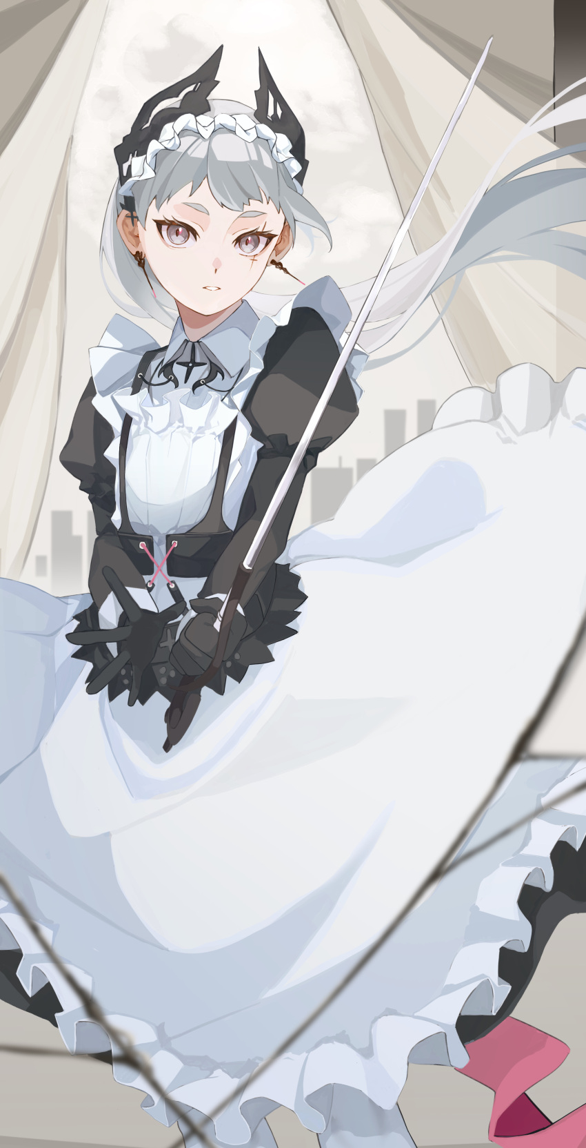 1girl absurdres arknights black_dress black_gloves cross_scar dress earrings feet_out_of_frame felsushi2 floating_hair gloves grey_eyes grey_hair head_wings highres holding holding_sword holding_weapon irene_(arknights) irene_(voyage_of_feathers)_(arknights) jewelry long_hair long_sleeves official_alternate_costume pantyhose parted_lips pink_ribbon rapier ribbon scar scar_across_eye solo sword two-tone_dress weapon white_dress white_pantyhose wings