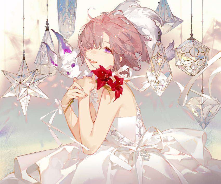 1girl ahegao ask_(askzy) bare_arms bare_shoulders dress fate/grand_order fate_(series) flower fou_(fate) hair_over_eyes hair_over_one_eye holding holding_flower lily_(flower) mash_kyrielight open_mouth red_flower ribbon sash simple_background solo_focus violet_eyes white_background white_dress white_ribbon white_sash wrist_ribbon