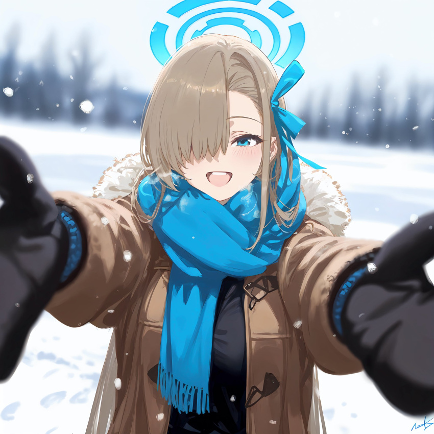 ai-generated asuna_(blue_archive) black_mittens blue_archive blue_eyes blue_halo blue_ribbon blue_scarf blurry blurry_background cowboy_shot day forest hair_over_one_eye hair_ribbon halo highres jo_sumi light_brown_hair mittens nature open_mouth parka ribbon scarf snow snowflakes snowing