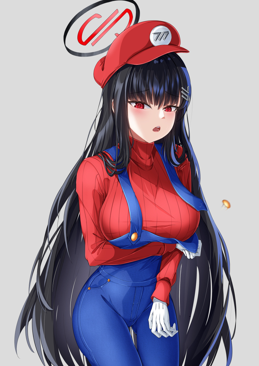 1girl absurdres alternate_costume black_hair blue_archive blue_overalls blunt_bangs cabbie_hat commentary_request cosplay gloves grey_background hair_ornament hairband hairclip halo hat highres kipdrew long_hair long_sleeves looking_at_viewer mario mario_(cosplay) multiple_girls overalls peaked_cap pun red_eyes ribbed_sweater rio_(blue_archive) sidelocks simple_background solo spoken_character super_mario_bros. suspenders sweater white_gloves