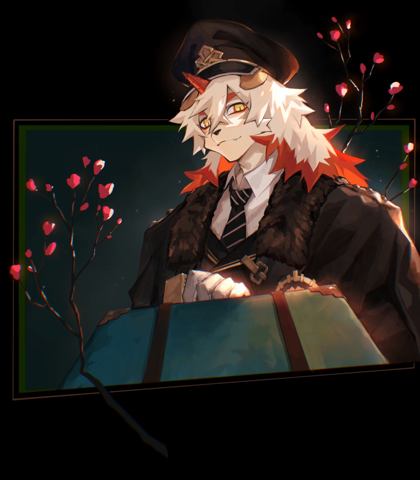 1boy absurdres animal_ears arknights black_headwear black_necktie briefcase coat fang fang_out fur-trimmed_coat fur_trim furry furry_male gloves highres holding holding_briefcase horns hung_(arknights) hung_(just_a_driver)_(arknights) looking_at_viewer male_focus multicolored_hair mythological_creature necktie shirt single_horn smile streaked_hair striped_necktie upper_body white_gloves white_shirt xiao_(creation0528)