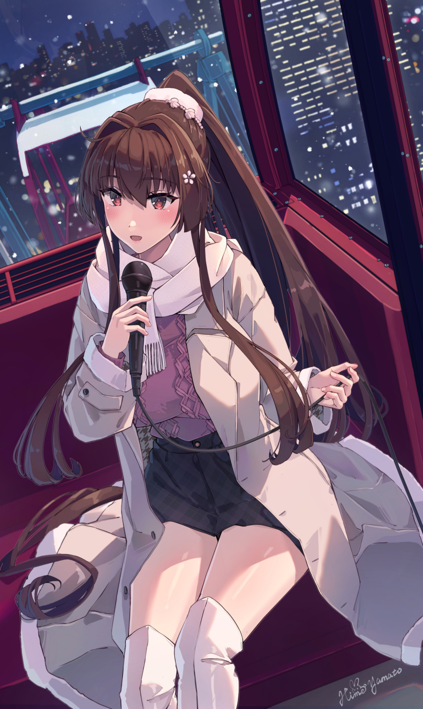1girl absurdres alternate_costume black_skirt boots breasts brown_hair cherry_blossoms coat flower grey_coat hair_flower hair_intakes hair_ornament highres himeyamato holding holding_microphone kantai_collection large_breasts long_coat long_hair long_sleeves microphone miniskirt pink_scarf ponytail purple_sweater red_eyes scarf sidelocks sitting skirt sweater thigh_boots very_long_hair white_footwear yamato_(kancolle)