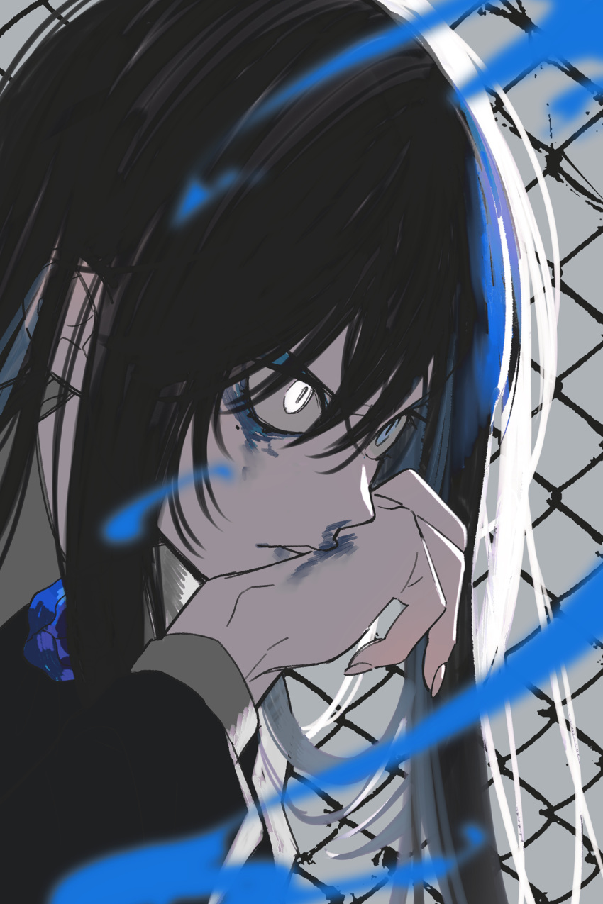 1girl ado_(utaite) black_hair blue_eyes blue_flower blue_rose chain-link_fence chando_(ado) cloud_nine_inc commentary_request english_commentary fence flower hair_between_eyes heterochromia highres long_hair long_sleeves mixed-language_commentary mole mole_under_eye paint_on_body portrait riseno rose sidelocks solo upper_body utaite white_eyes wiping
