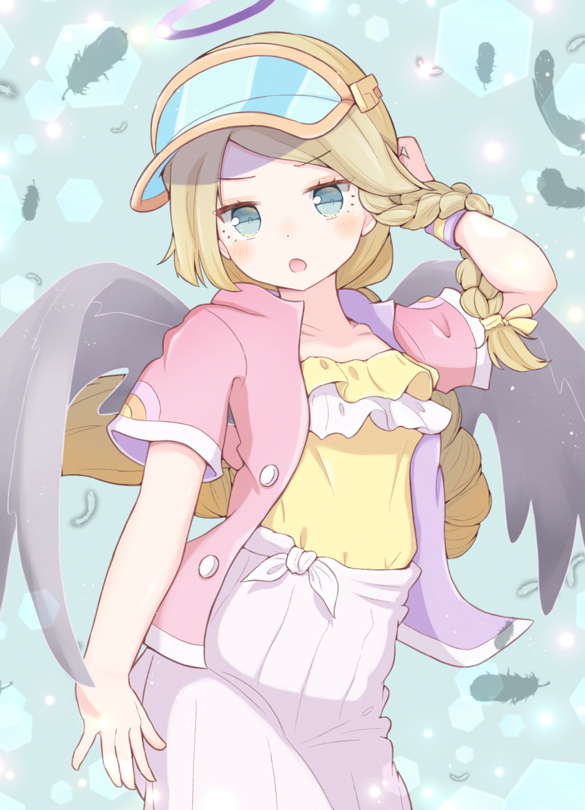 1girl adjusting_hair angel_wings asymmetrical_hair black_wings blue_eyes blush braid collarbone eyelashes feathers frilled_shirt frills hair_ribbon halo highres jazz_grace layered_shirt lens_flare light_brown_hair lisette_(puyopuyo) long_braid long_hair looking_at_viewer multicolored_clothes official_alternate_costume open_clothes open_mouth open_shirt pink_shirt pleated_skirt purple_halo puyopuyo puyopuyo_quest ribbon shirt short_sleeves skirt tied_skirt twin_braids visor_cap white_skirt wings wristband yellow_ribbon yellow_shirt