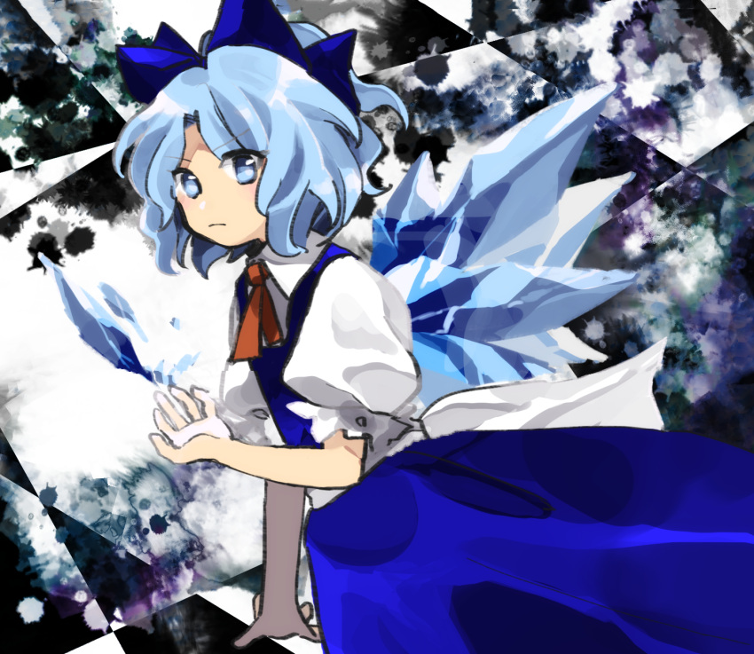 1girl blue_dress blue_eyes blue_hair blue_ribbon cirno closed_mouth collared_shirt commentary_request cryokinesis dress hair_ribbon hand_up highres ice ice_wings kaigen_1025 neck_ribbon pinafore_dress puffy_short_sleeves puffy_sleeves red_ribbon ribbon sash shirt short_hair short_sleeves sleeveless sleeveless_dress touhou v-shaped_eyebrows wavy_hair white_sash white_shirt wings