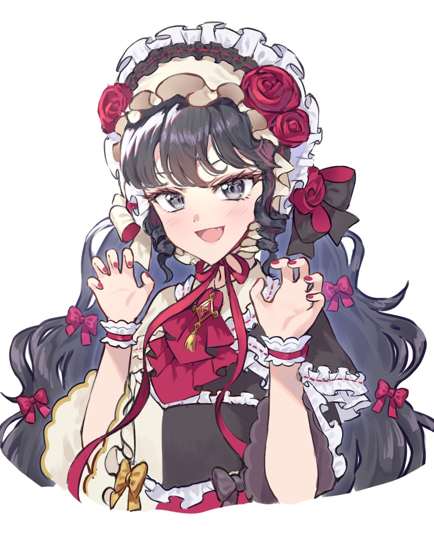 1girl :d ascot black_hair blush bonnet bow capelet claw_pose commentary_request cropped_torso dolldolldd fang flower frilled_capelet frills gaaruru_(pripara) hair_bow hands_up highres korean_commentary lolita_fashion long_hair looking_at_viewer nail_polish open_mouth pretty_series pripara red_ascot red_bow red_flower red_nails red_rose ringlets rose sidelocks simple_background smile solo upper_body very_long_hair white_background wrist_cuffs