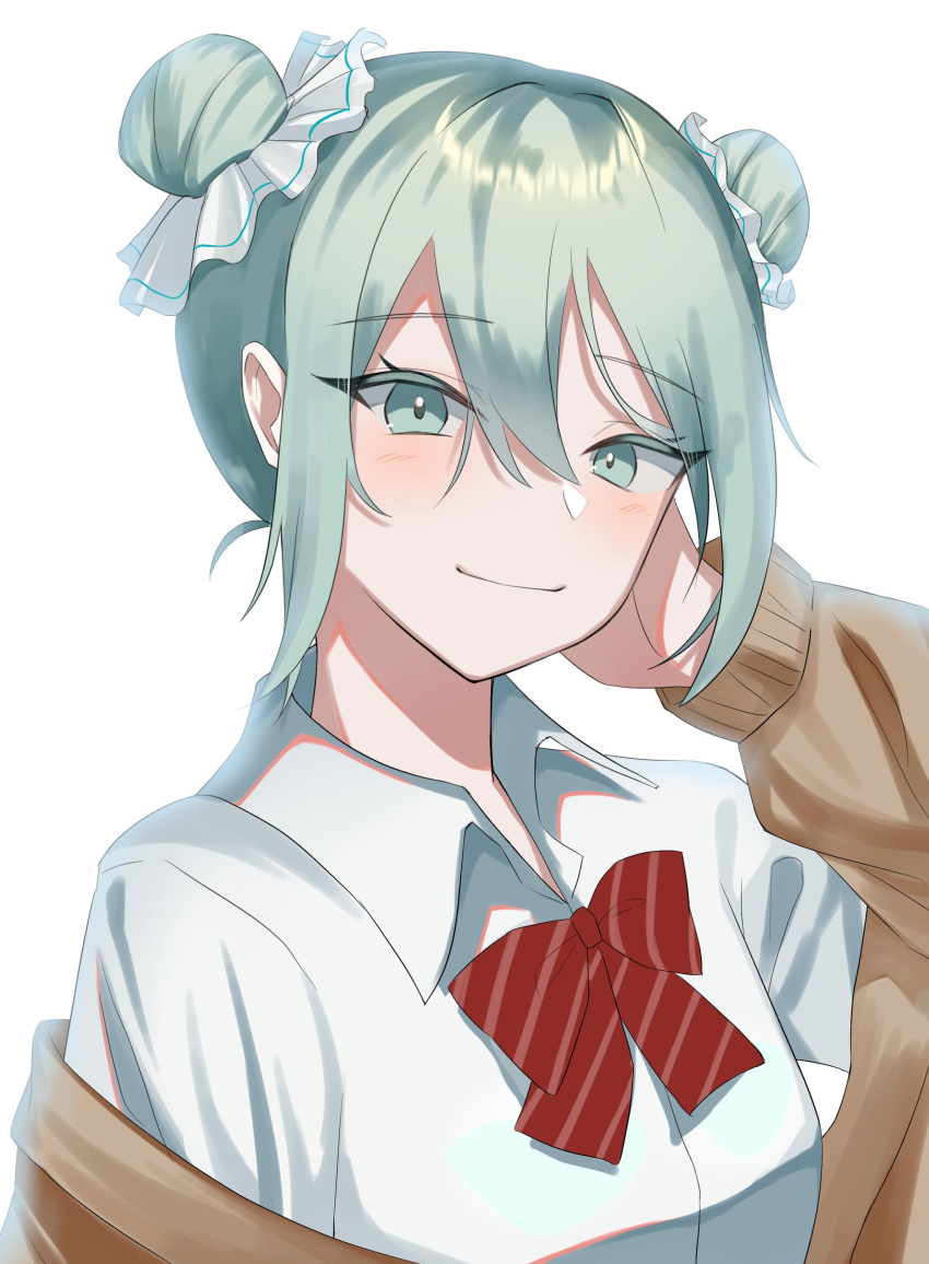 1girl absurdres alternate_hairstyle aqua_eyes aqua_hair arm_behind_head blush bow bowtie brown_cardigan cardigan closed_mouth collared_shirt commentary diagonal-striped_bow diagonal-striped_bowtie diagonal_stripes double_bun dress_shirt hair_between_eyes hair_bun hatsune_miku highres long_sleeves looking_at_viewer off_shoulder red_bow red_bowtie shirt short_hair sidelocks simple_background solo striped tsukuno_tsuki upper_body white_background white_shirt