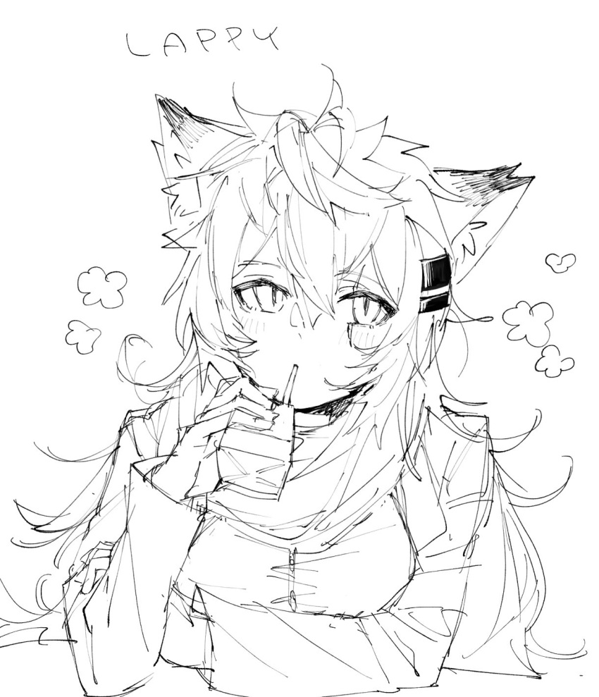 1girl animal_ears arknights blush character_name greyscale hair_ornament hairclip highres holding juice_box lappland_(arknights) long_sleeves looking_to_the_side messy_hair monochrome sato_(lappysuki) scar scar_across_eye simple_background sketch solo upper_body white_background