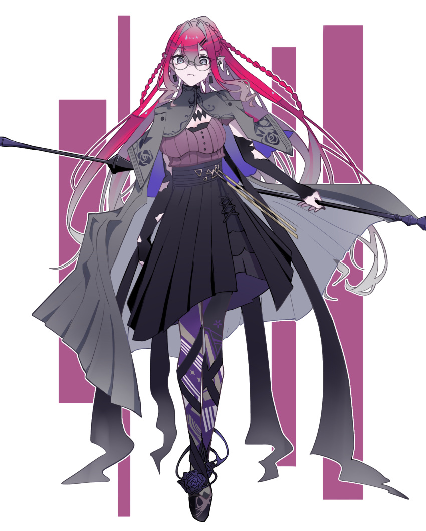 1girl baobhan_sith_(fate) baobhan_sith_(swimsuit_pretender)_(second_ascension)_(fate) black_skirt braid breasts cloak detached_sleeves fang fate/grand_order fate_(series) flower glasses grey_eyes hammer high_heels highres holding holding_weapon large_breasts leggings long_hair looking_at_viewer nagi_(user_snhw8835) redhead rose simple_background skirt solo weapon