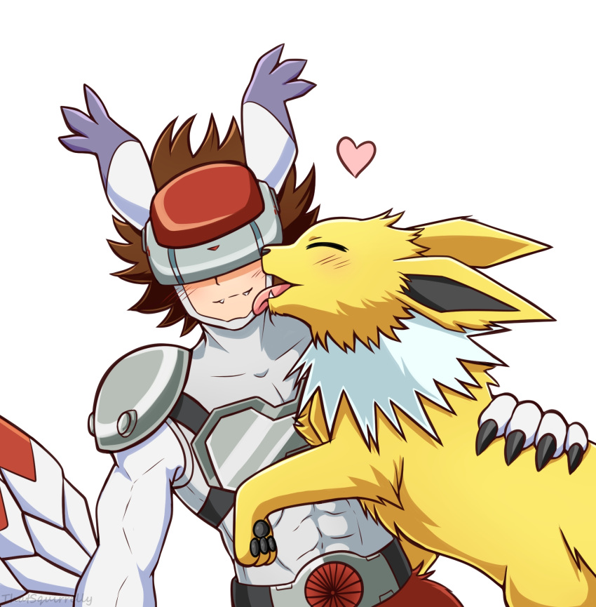 1boy abs animal_ears artist_name belt bird_legs black_belt blush bodysuit brown_hair cat_ears chest_guard claws closed_eyes closed_mouth commentary covered_collarbone covered_eyes crossover digimon digimon_(creature) fangs feathered_wings head-mounted_display heart highres isso_(thatsquirrelly) jolteon licking licking_another's_face male_focus medium_hair neck_fur open_mouth oversized_limbs pokemon pokemon_(creature) shoulder_pads silphymon simple_background standing white_background white_bodysuit winged_arms wings yellow_fur