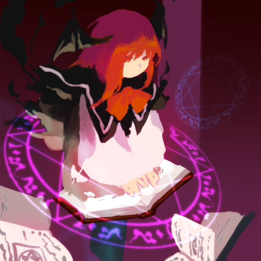 1girl black_capelet black_wings book bow bowtie capelet commentary_request head_wings highres kaigen_1025 koakuma long_sleeves magic_circle medium_hair no_mouth open_book red_bow red_bowtie red_eyes redhead shirt sketch touhou white_shirt wings
