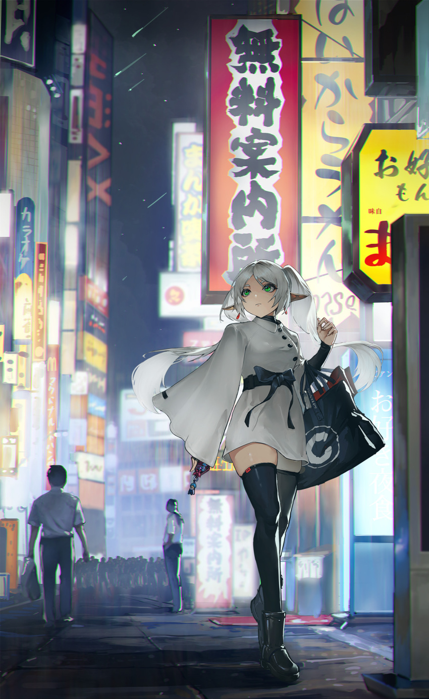 1girl absurdres alternate_costume bag black_footwear bow commentary_request contemporary dangle_earrings dress earrings elf frieren green_eyes handbag highres jewelry night night_sky outdoors pointy_ears shirt shirt_tucked_in shooting_star short_dress sign sky sousou_no_frieren thigh-highs translation_request twintails white_dress white_hair white_shirt wide_sleeves xleontan