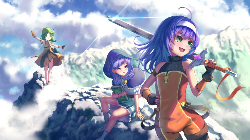 2girls aged_down ahoge bandana boned_meat book bow braid bush child clouds cloudy_sky commission fingerless_gloves fire_emblem fire_emblem:_path_of_radiance fire_emblem:_the_blazing_blade fire_emblem_heroes food gloves green_eyes green_hair hair_ribbon highres holding holding_book hood hooded_coat ilyana_(fire_emblem) legs meat mia_(fire_emblem) mountain multiple_girls nature night official_alternate_costume pleated_skirt rebecca_(fire_emblem) ribbon shoes sitting skirt sky sleeveless smile socks sword twin_braids violet_eyes weapon wind zn4949