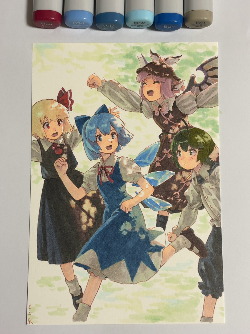 4girls animal_ears antennae art_tools_in_frame ascot bird_ears black_skirt black_socks black_vest blonde_hair blue_bow blue_dress blue_eyes blue_hair blue_shorts bow brown_dress brown_headwear buttons cirno closed_eyes closed_mouth collared_shirt commentary_request dress frilled_shirt frilled_shorts frills green_eyes green_hair hair_ribbon highres juliet_sleeves long_sleeves looking_at_another marker_(medium) mary_janes multiple_girls mystia_lorelei open_mouth outstretched_arms pinafore_dress puffy_short_sleeves puffy_sleeves purple_ascot purple_hair red_ascot red_eyes red_ribbon ribbon rumia running shiratama_(hockey) shirt shoes short_hair short_sleeves shorts skirt sleeve_garter sleeveless sleeveless_dress socks touhou traditional_media vest white_shirt white_socks winged_headwear wriggle_nightbug