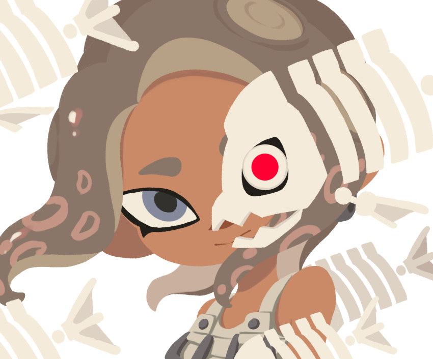 1girl agent_8_(splatoon) bare_shoulders blue_eyes closed_mouth dark-skinned_female dark_skin fish_skeleton floating_hair grey_hair long_hair looking_at_viewer medium_hair no_lineart octoling octoling_girl official_style red_eyes simple_background smile solo splatoon_(series) splatoon_3 splatoon_3:_side_order suction_cups tentacle_hair teo_(teorekka) upper_body white_background