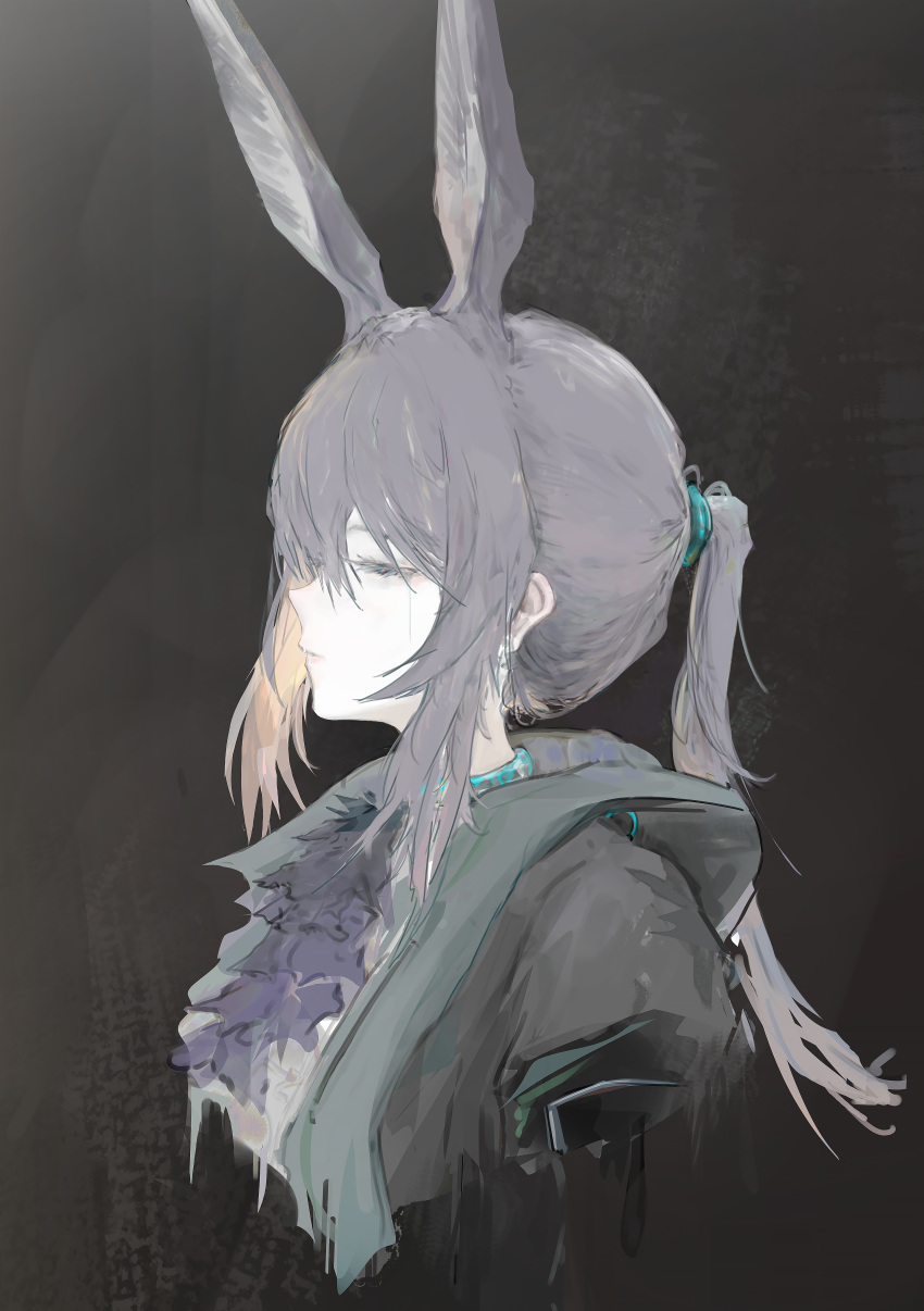 1girl absurdres amiya_(arknights) animal_ears arknights ascot black_collar black_jacket blue_ascot brown_hair collar extra_ears hair_between_eyes highres infection_monitor_(arknights) jacket long_hair nueegochi open_clothes open_jacket ponytail rabbit_ears rabbit_girl shirt sidelocks solo upper_body white_shirt