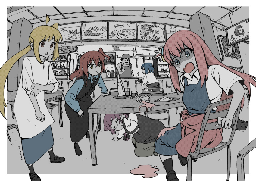 1boy 5girls absurdres ahoge all_fours amin_(aminimint) apron black_jacket black_skirt black_vest blonde_hair blue_eyes blue_hair blue_shirt bocchi_the_rock! cat chair closed_eyes clothes_around_waist collared_shirt cup dot_nose fisheye gotoh_hitori highres hiroi_kikuri ijichi_nijika indoors jacket kita_ikuyo long_hair long_sleeves mary_janes multiple_girls one_side_up open_mouth orange_eyes partially_colored pink_hair plate raised_eyebrows redhead restaurant shaded_face shirt shoes short_sleeves side_ponytail signature sitting skirt sleeves_rolled_up socks spill standing sweat table television turn_pale under_table vest wallet white_shirt yamada_ryo yellow_eyes