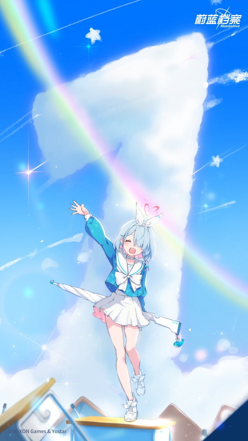 1girl arm_up arona_(blue_archive) blue_archive blue_eyes blue_hair blue_sky blush bow chinese_commentary chinese_text closed_eyes clouds countdown day flying full_body hair_ornament highres holding long_hair long_sleeves looking_at_viewer official_art open_mouth outdoors outstretched_arms pleated_skirt school_uniform shirt shoes short_hair skirt sky smile solo standing twintails white_footwear white_skirt you_guo_chaocai
