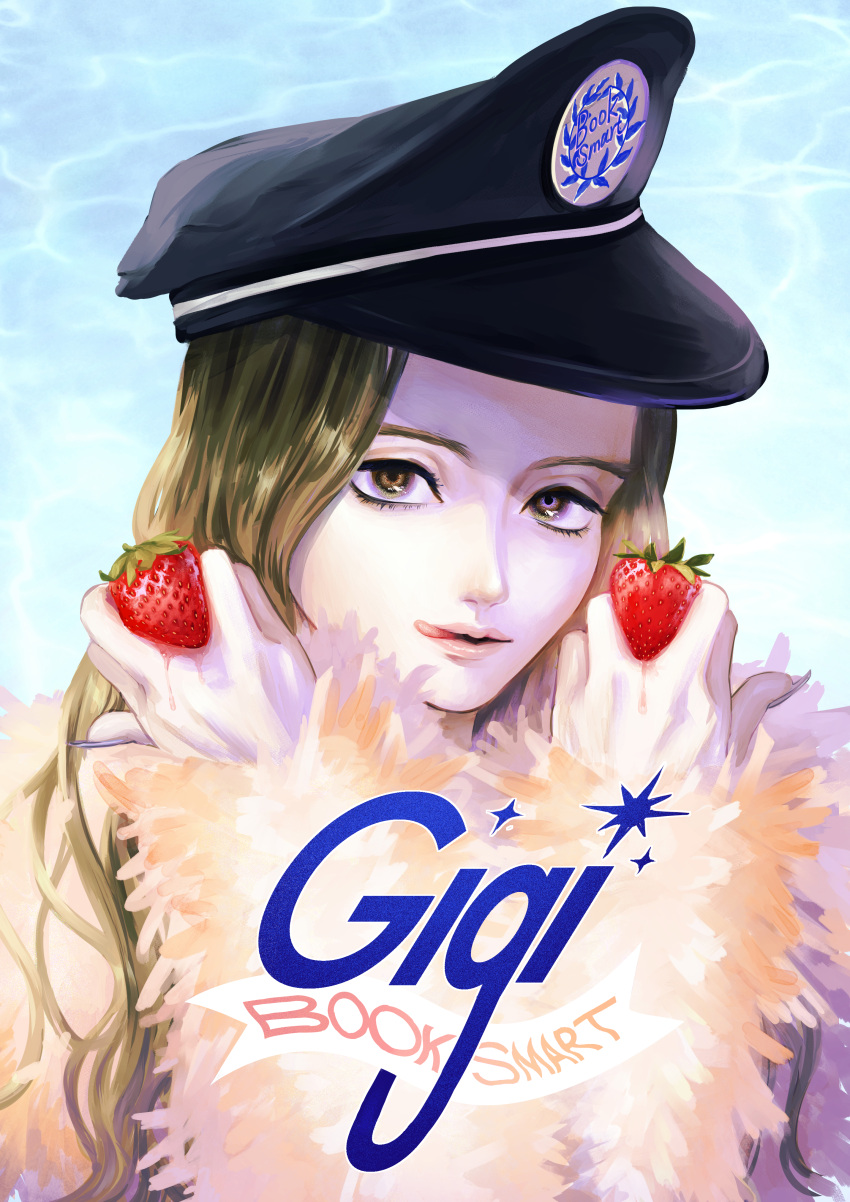 1girl absurdres black_headwear blue_background booksmart brown_eyes brown_hair character_name coat copyright_name fake_nails food fruit fur_coat gigi_(booksmart) highres holding holding_food holding_fruit licking_lips long_hair looking_at_viewer rukaisscary solo strawberry tongue tongue_out