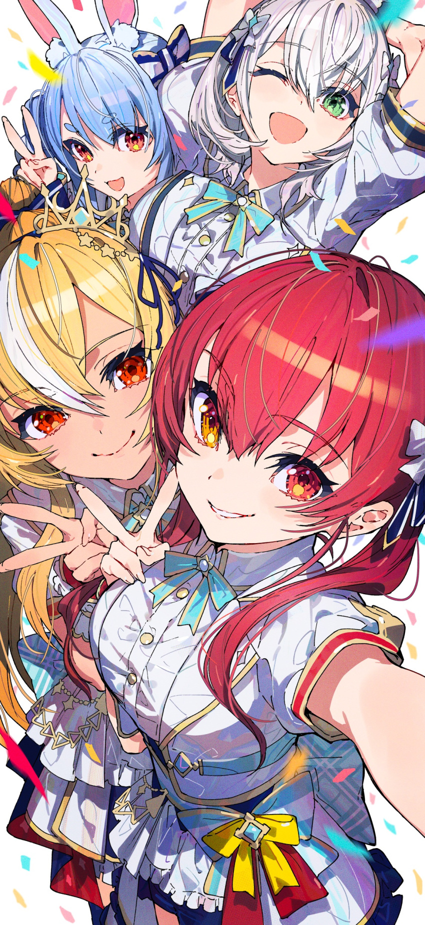 4girls :d ;d absurdres animal_ears arms_behind_head blonde_hair blue_hair blue_ribbon bow breasts closed_mouth confetti dress_shirt eyelashes green_eyes hair_bow hair_ornament hair_ribbon heterochromia highres hikimayu hololive houshou_marine large_breasts long_hair looking_at_viewer mika_pikazo multicolored_hair multiple_girls neck_ribbon one_eye_closed open_mouth outstretched_arm parted_lips ponytail rabbit_ears red_eyes redhead ribbon shiranui_flare shirogane_noel shirt short_hair short_sleeves skirt smile star_(symbol) star_hair_ornament streaked_hair striped striped_bow tiara twintails usada_pekora v white_background white_bow white_hair white_shirt yellow_eyes