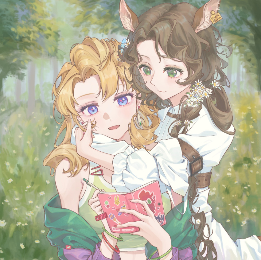 2girls animal_ears arm_strap arms_around_neck blonde_hair blonney blue_eyes book bracelet brown_hair centaur closed_mouth collared_dress commentary crop_top dress ear_tag earrings flower forest grass green_jacket green_tank_top hair_flower hair_ornament heart highres holding holding_book holding_pen horse_ears hug hug_from_behind jacket jessica_(reverse:1999) jewelry long_hair multicolored_clothes multicolored_jacket multiple_girls nature off_shoulder outdoors parted_lips pen purple_jacket red_nails reverse:1999 rokilly smile tank_top taur tree two-tone_jacket upper_body white_dress white_flower yuri