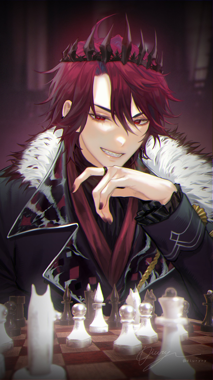 1boy absurdres ahoge artist_name black_jacket board_game chess chess_piece chessboard crown diury frilled_sleeves frills fur-trimmed_jacket fur_trim hair_between_eyes hand_on_own_chin highres holostars holostars_english jacket jewelry jurard_t_rexford long_sleeves looking_at_viewer male_focus nail_polish parted_bangs red_eyes redhead ring sharp_teeth short_hair slit_pupils smile solo teeth twitter_username virtual_youtuber