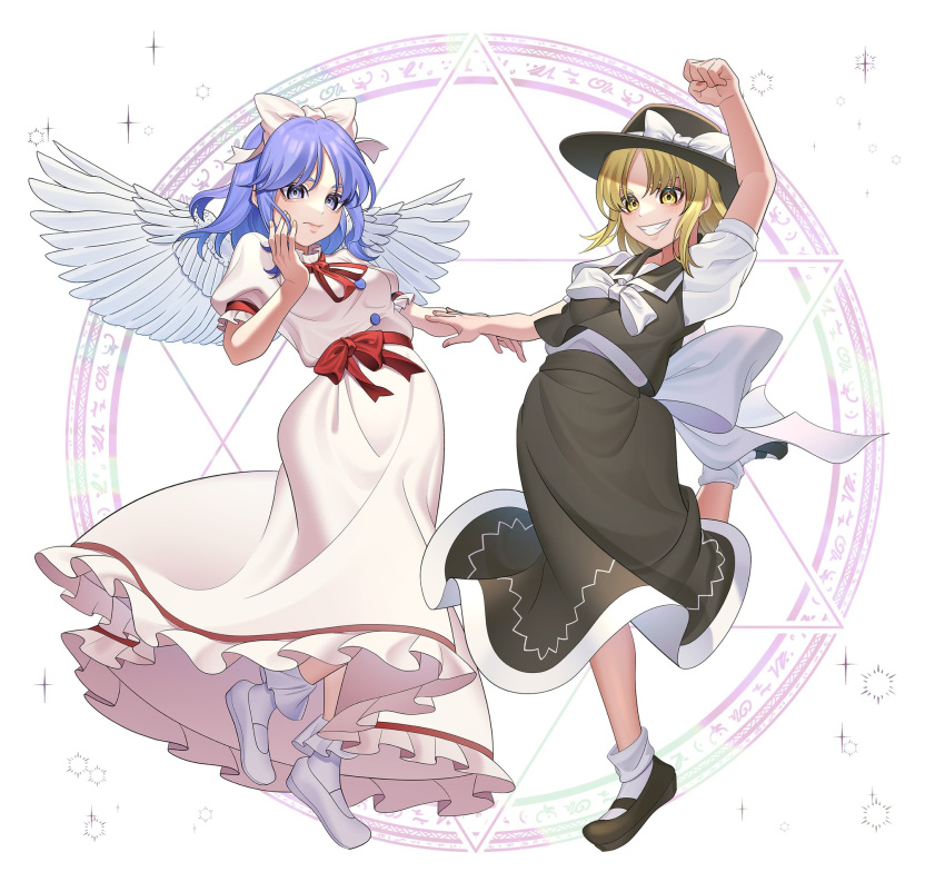 1girl arm_up black_footwear black_headwear black_skirt black_vest blonde_hair blue_eyes blue_hair bow bowtie buttons clenched_hand dress feathered_wings frilled_dress frills grin guumin hair_bow hat hat_bow hexagram highres leg_up mai_(touhou) mary_janes mystic_square neck_ribbon puffy_short_sleeves puffy_sleeves red_ribbon ribbon shirt shoes short_sleeves skirt smile socks solo touhou touhou_(pc-98) vest white_bow white_bowtie white_dress white_footwear white_shirt white_socks white_wings wings yellow_eyes yuki_(touhou)