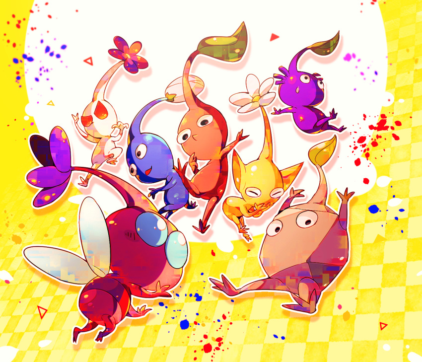 arms_up black_eyes blue_eyes blue_pikmin blue_skin bud checkered_background circle closed_eyes colored_skin commentary_request covering_mouth everyone fighting_stance flower from_behind grey_skin hand_on_own_chin highres insect_wings leaf leg_up looking_at_viewer looking_back no_humans no_mouth outline outstretched_arm outstretched_leg petals pikmin_(creature) pikmin_(series) pink_flower pink_skin plump pointy_ears pointy_nose purple_flower purple_hair purple_pikmin purple_skin red_eyes red_pikmin red_skin rock rock_pikmin shirushiki short_hair solid_circle_eyes sweatdrop triangle triangle_mouth v-shaped_eyes very_short_hair white_flower white_outline white_pikmin white_skin winged_pikmin wings yellow_background yellow_pikmin yellow_skin