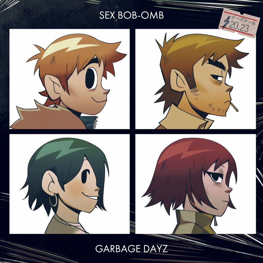 2boys 2girls absurdres album_cover album_cover_redraw artist_name bags_under_eyes beard_stubble black_background black_eyes black_hair blush bob_cut brown_hair cellophane cigarette closed_mouth collared_shirt commentary cover currycheesecake demon_days_(gorillaz) derivative_work earrings english_commentary english_text expressionless facial_hair fake_cover freckles from_side frown fur-trimmed_jacket fur_trim gorillaz green_jacket grin hair_behind_ear highres hoop_earrings jacket jewelry kim_pine knives_chau light_blush looking_to_the_side mandarin_collar mouth_hold multiple_boys multiple_girls necklace parody parted_lips pendant price_tag profile redhead scott_pilgrim scott_pilgrim_(series) scott_pilgrim_takes_off shirt short_hair sideburns smile smoking stephen_stills stubble style_parody t-shirt thick_eyebrows title track_jacket white_shirt zipper_pull_tab